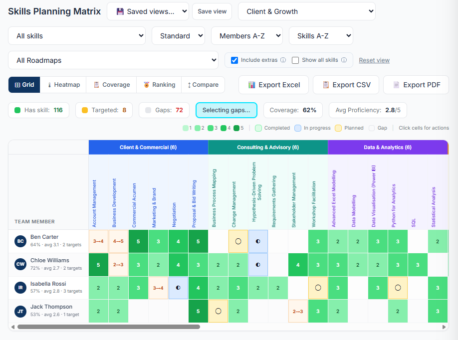 Sorakan skills matrix with 1 to 5 proficiency across skills and team members