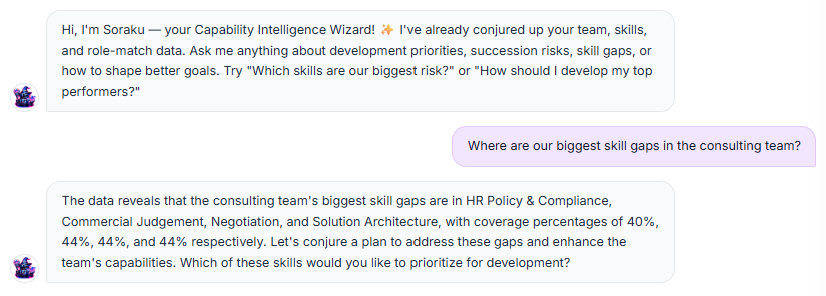 Ask Soraku AI answering a question about the teams biggest skill gaps